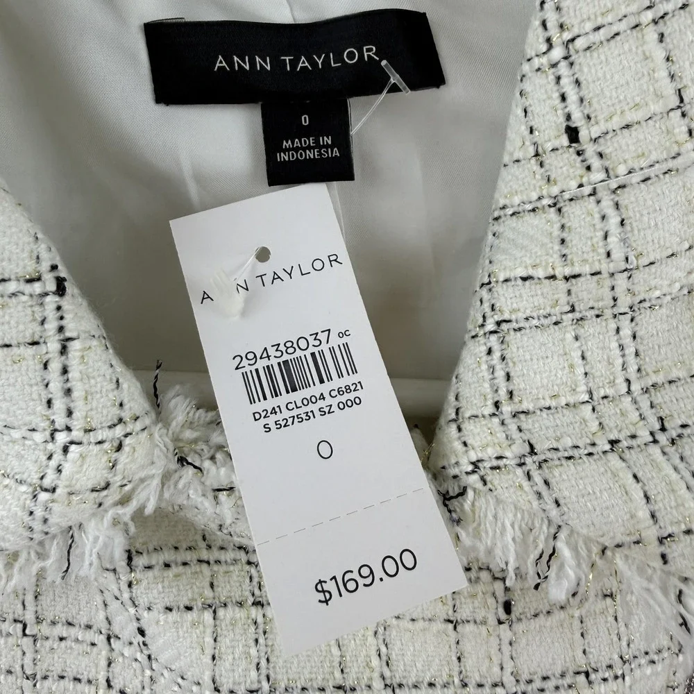 Ann Taylor Jacket Womens 0 White Tweed Moto Asymmetrical Zip Fringe‎ Lined Check